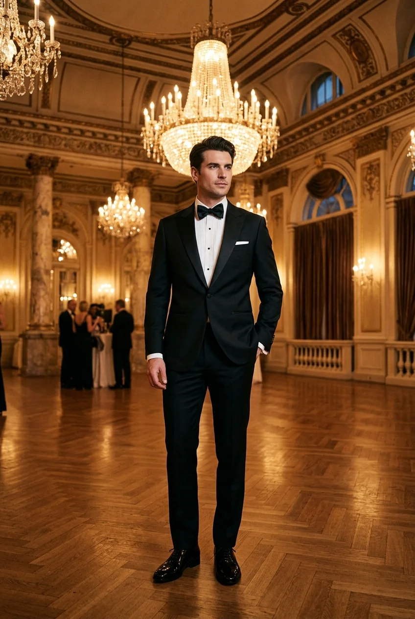 Handsome man wearing a classic black-tie tuxedo with satin peak lapels in a luxury ballroom