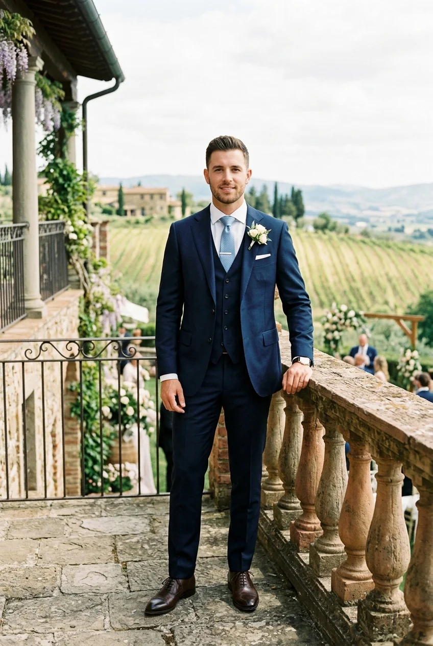 Stylish man in a tailored navy blue three-piece suit standing on an Italian villa terrace overlooking vineyards