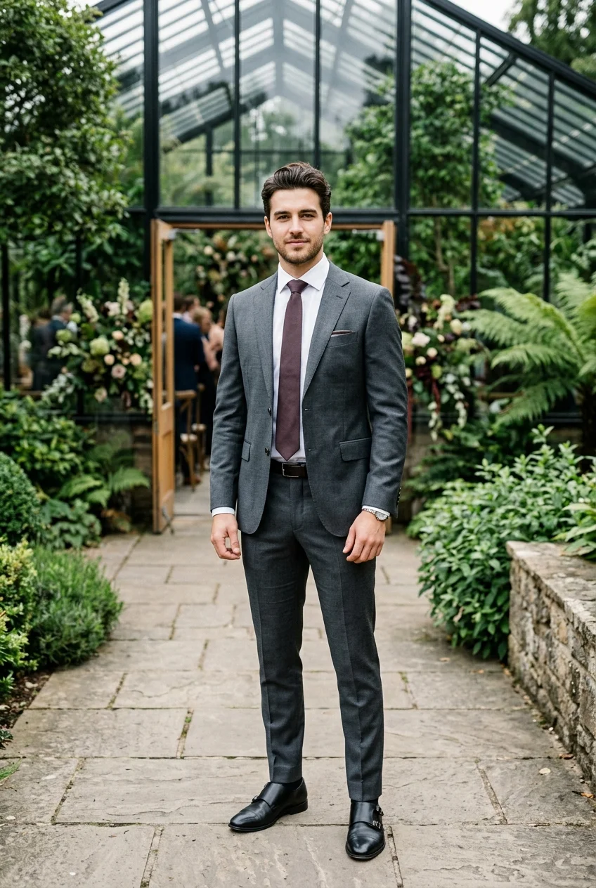 Man in modern charcoal wool suit standing outside a botanical greenhouse wedding venue