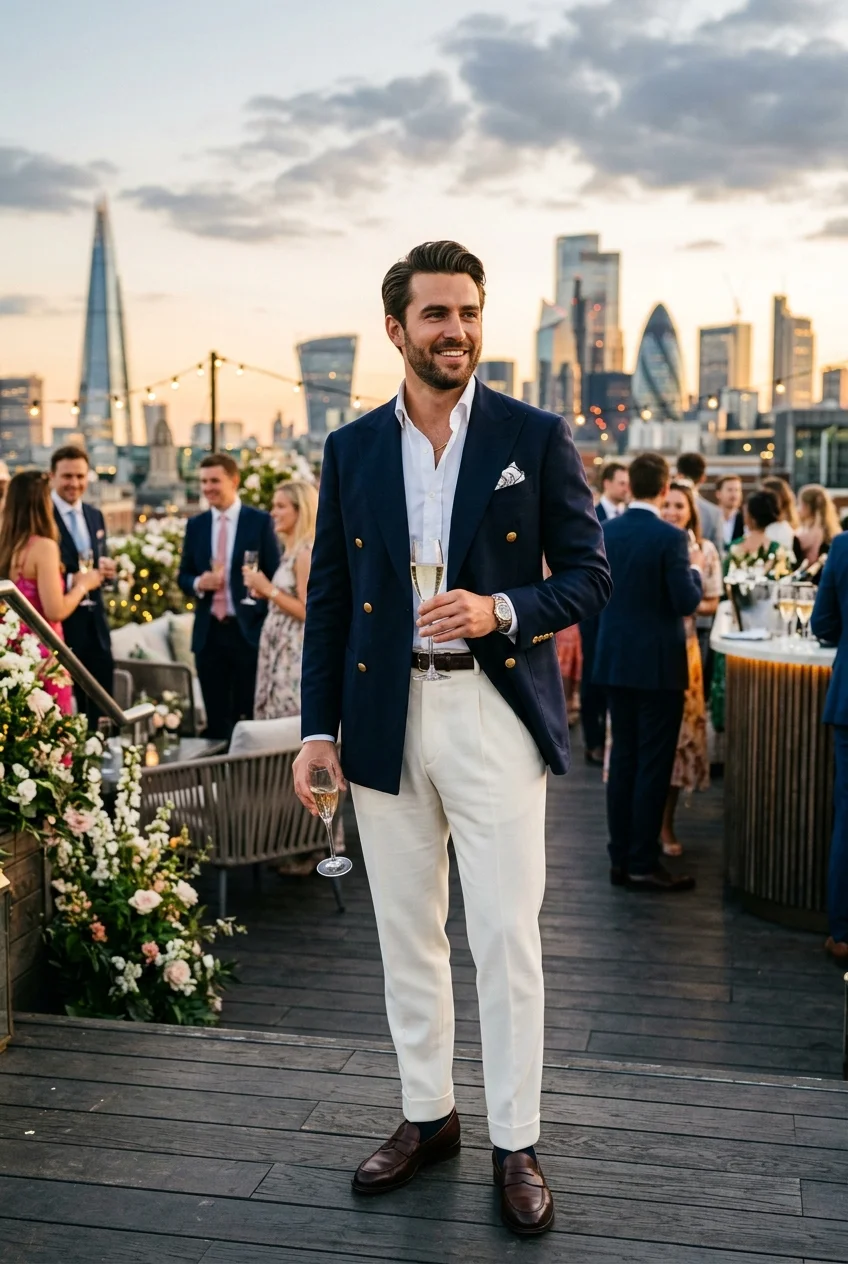 Handsome man in double-breasted navy blazer and cream trousers holding champagne at a rooftop sunset reception
