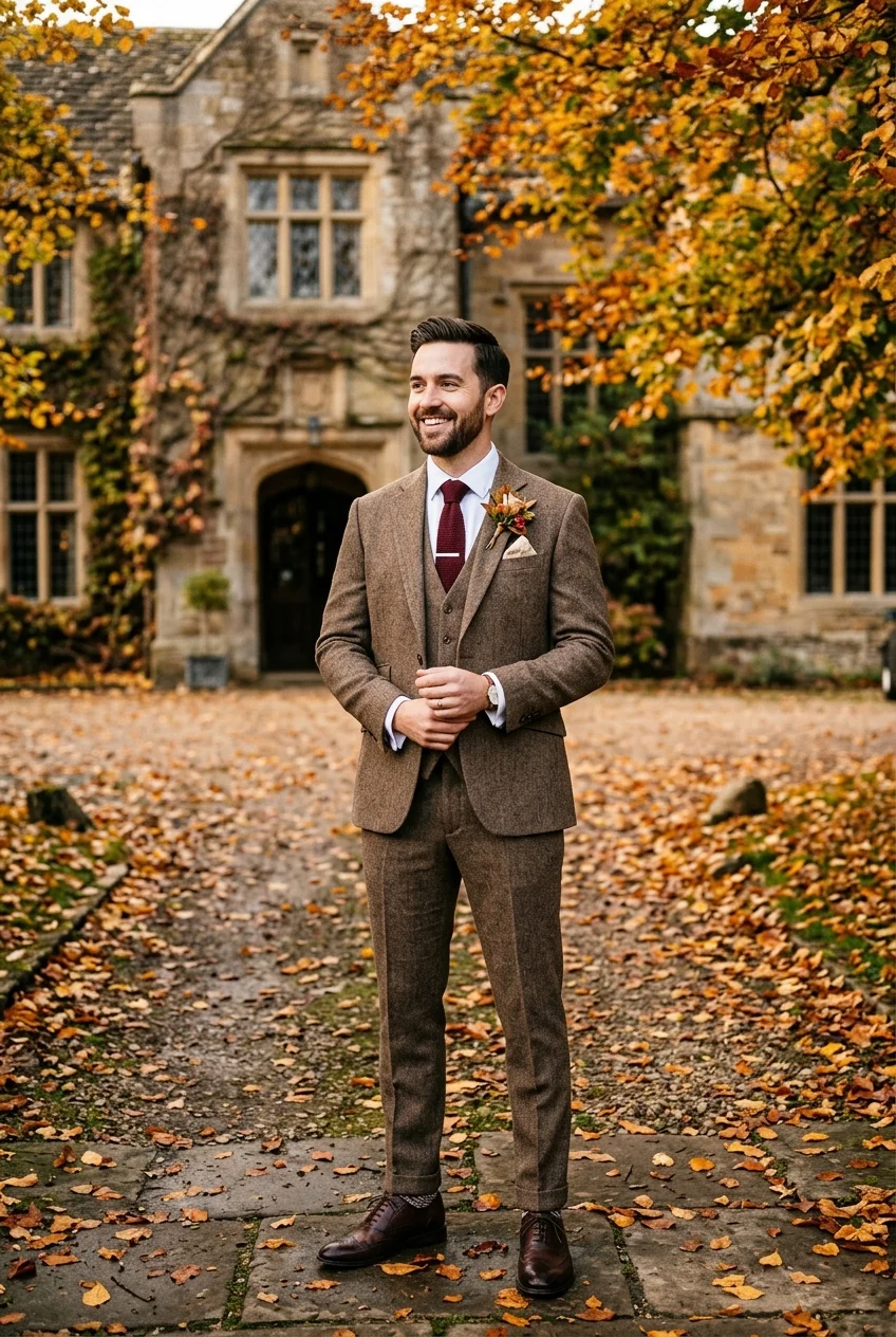 Stylish man wearing brown herringbone tweed three-piece suit surrounded by golden autumn foliage outside a stone manor