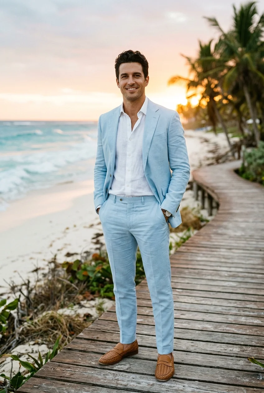 Handsome man in pastel light blue suit on a tropical wooden boardwalk at sunset near turquoise ocean waves