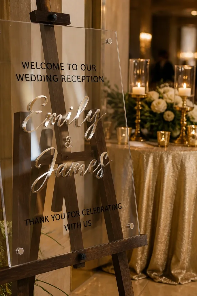 Clear acrylic sign with mirror foil script couple names and smaller welcome text