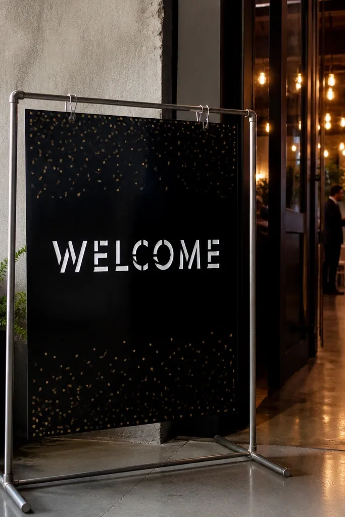 Black acrylic sign with white cutout letters and small gold dot accents
