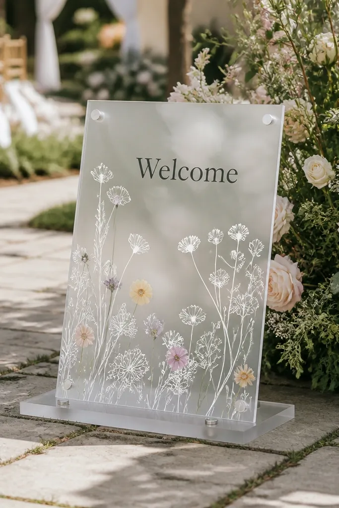 Frosted acrylic sign with simple pressed-flower style vinyl artwork