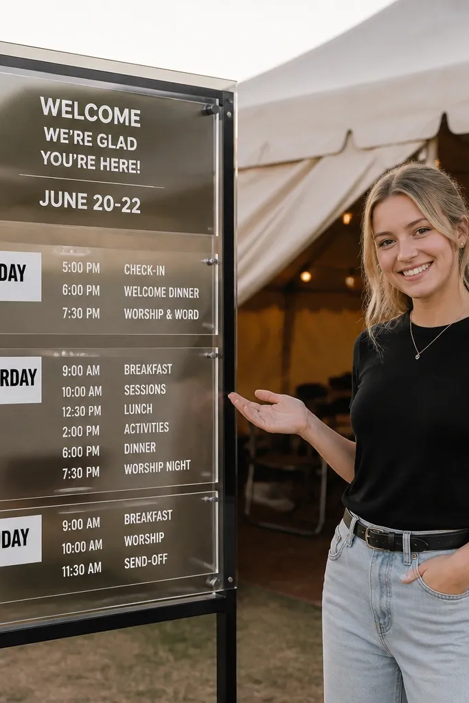 Clear acrylic sign with stacked schedule boxes and bold headings