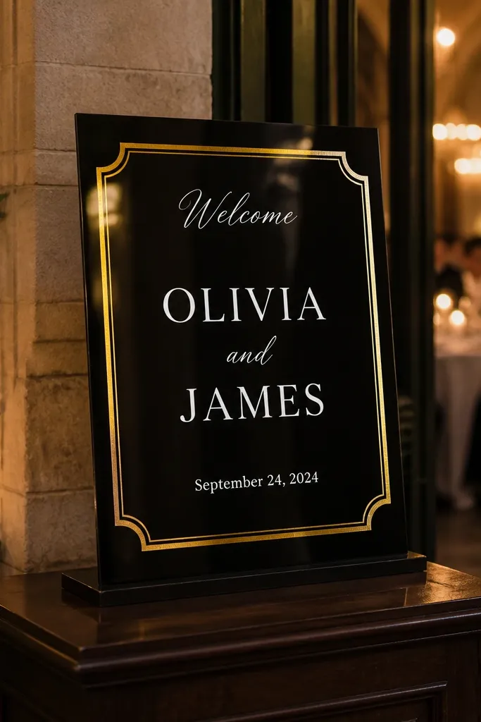 Black acrylic sign with a gold foil border frame and white couple names