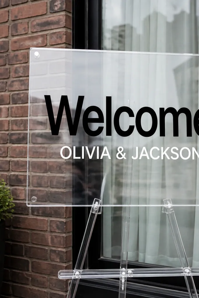 Clear acrylic sign with bold stacked typography and minimal icons