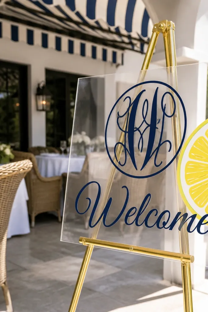 Acrylic sign with a monogram and small citrus slice illustration accents