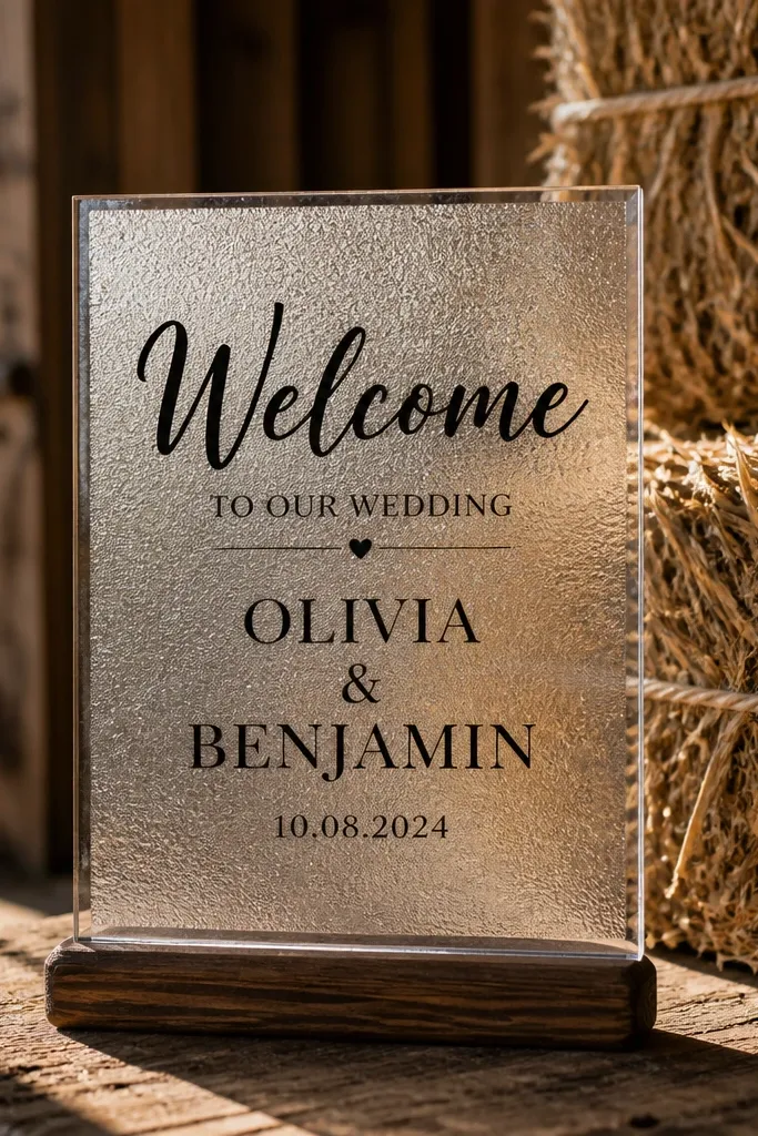 Clear acrylic sign with a subtle textured background and bold black text