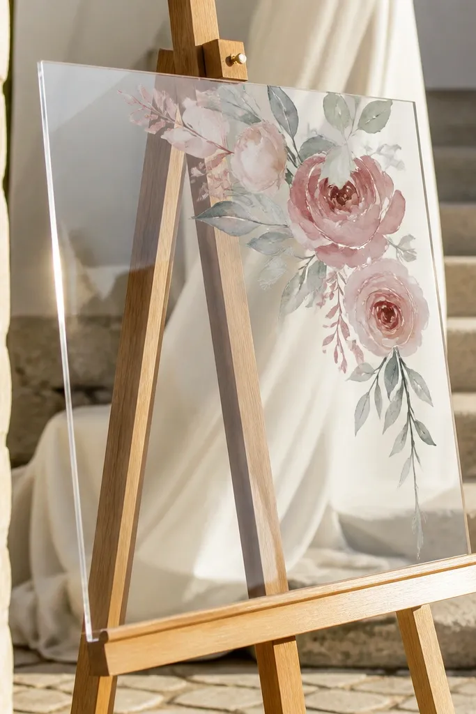 Clear acrylic sign with watercolor florals tucked into one top corner