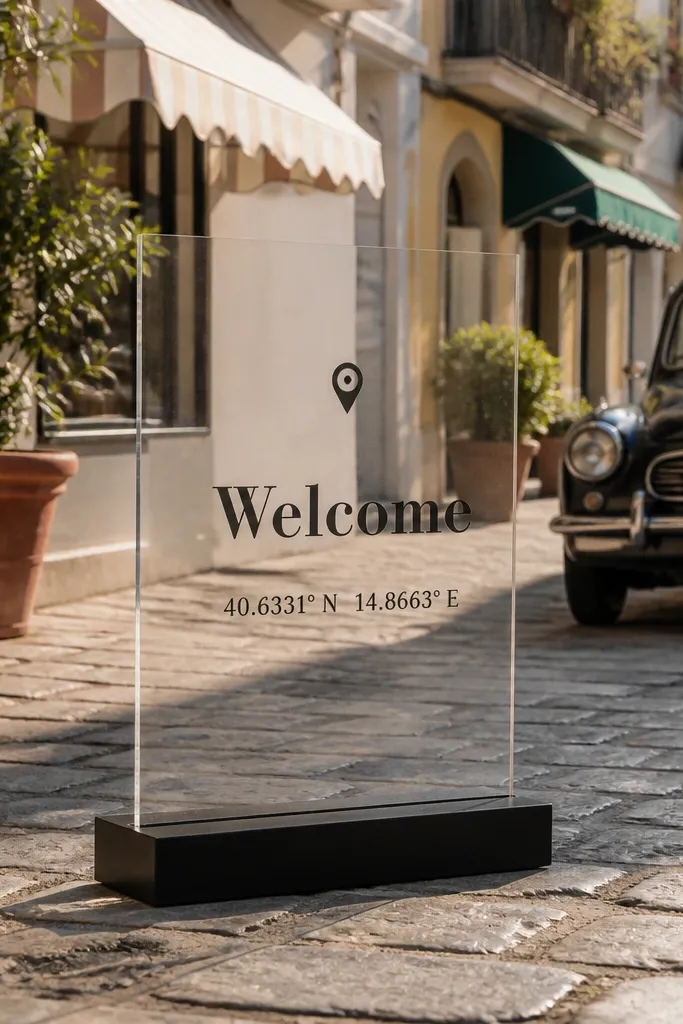 Acrylic sign with a map-pin icon and coordinate text under Welcome