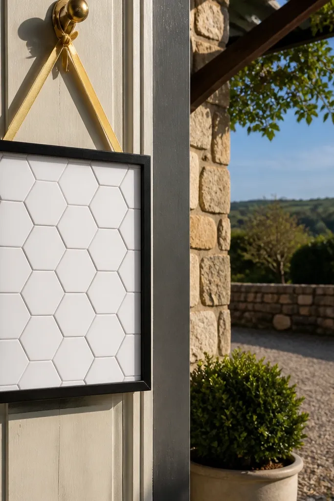 Honeycomb patterned welcome sign with a black striped border