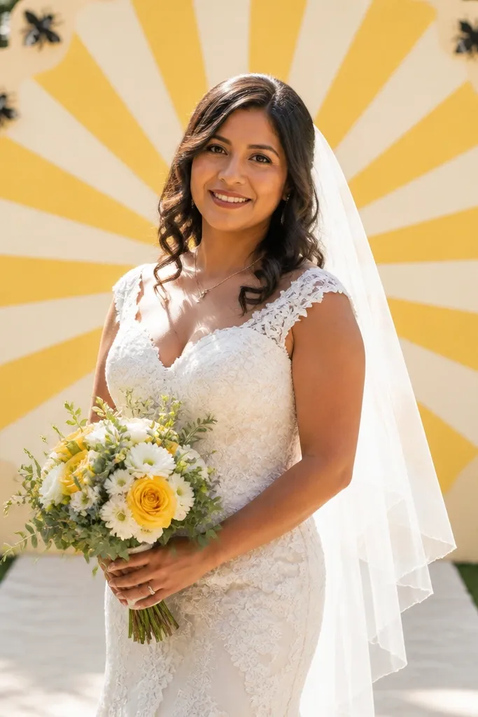 Lemon yellow sunburst backdrop with black bee accents