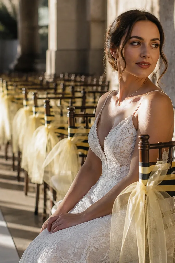 Chairs with yellow and black striped sashes tied with light tulle bows