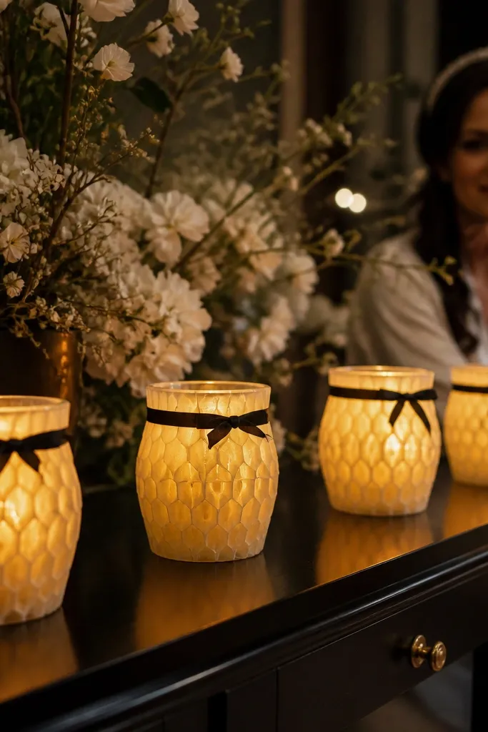 Clear votive candles wrapped in yellow honeycomb paper sleeves