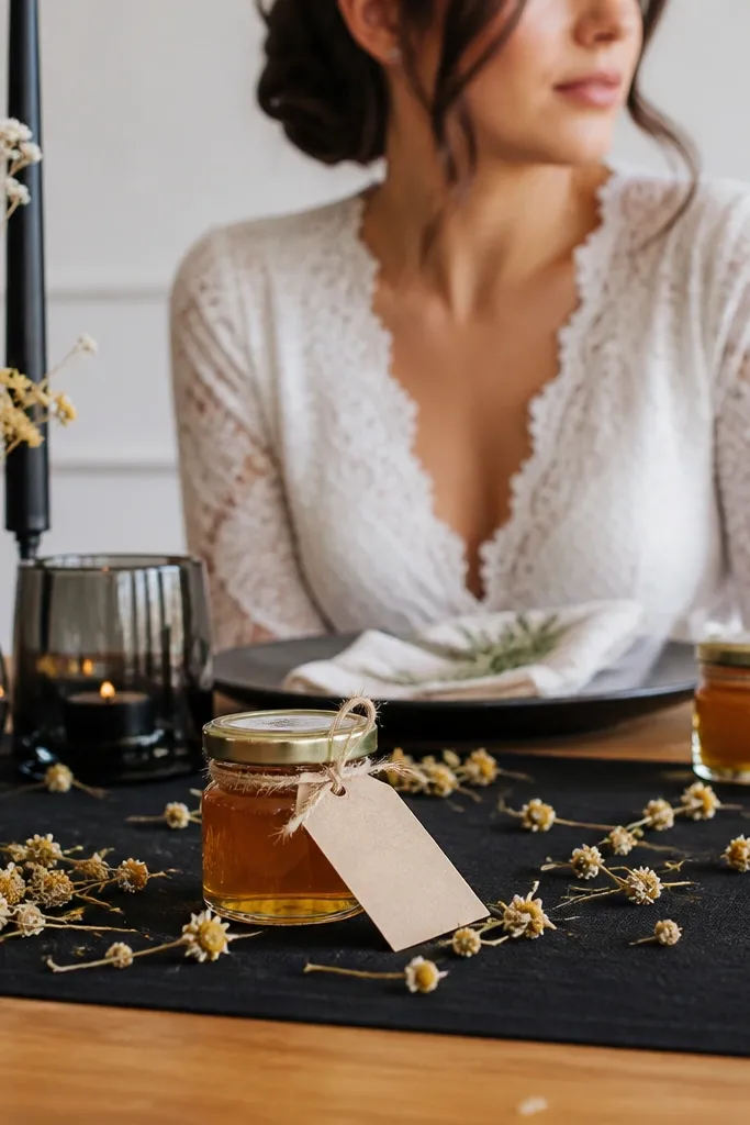 Small honey jars used as place card holders with yellow twine bows