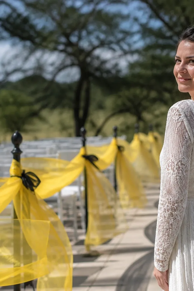 Yellow tulle swags along the aisle with black ribbon tie-backs