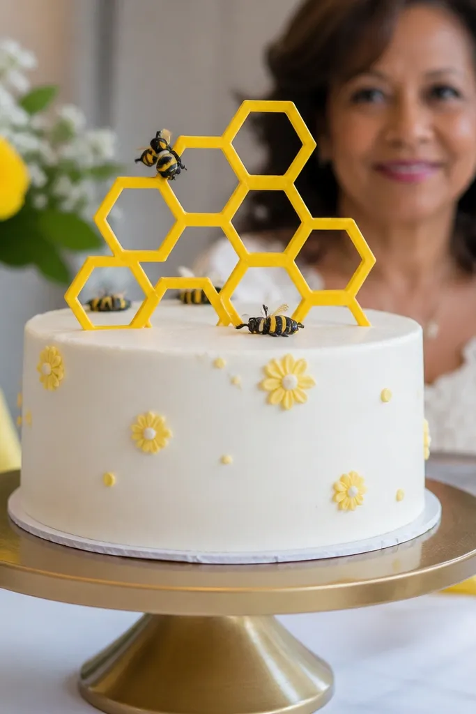 Cake on a stand with a honeycomb topper and small black bee details