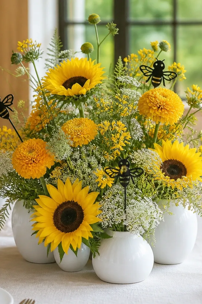 Small yellow flower arrangements with black bee picks in clear vases
