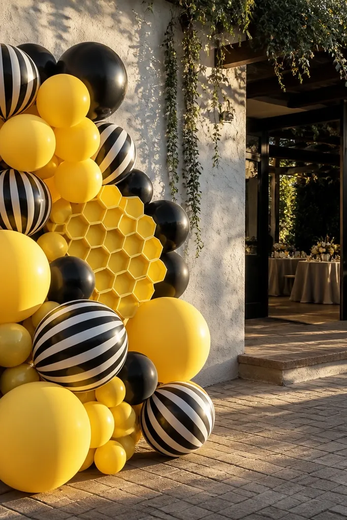 Matte yellow balloon cluster with black striped accents and honeycomb texture