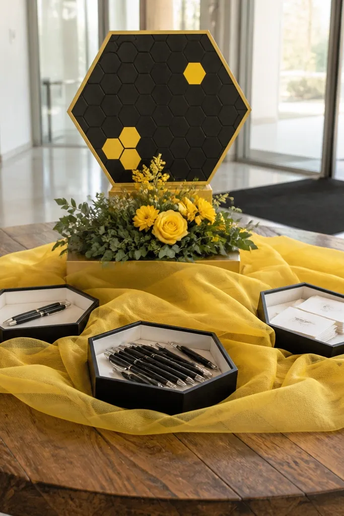 Welcome table with rolled yellow fabric and hex-shaped trays for cards