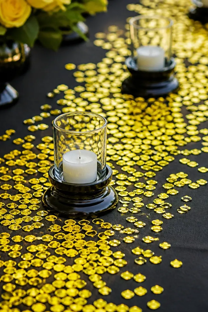 Lemon confetti scatter on tables with black candle bases