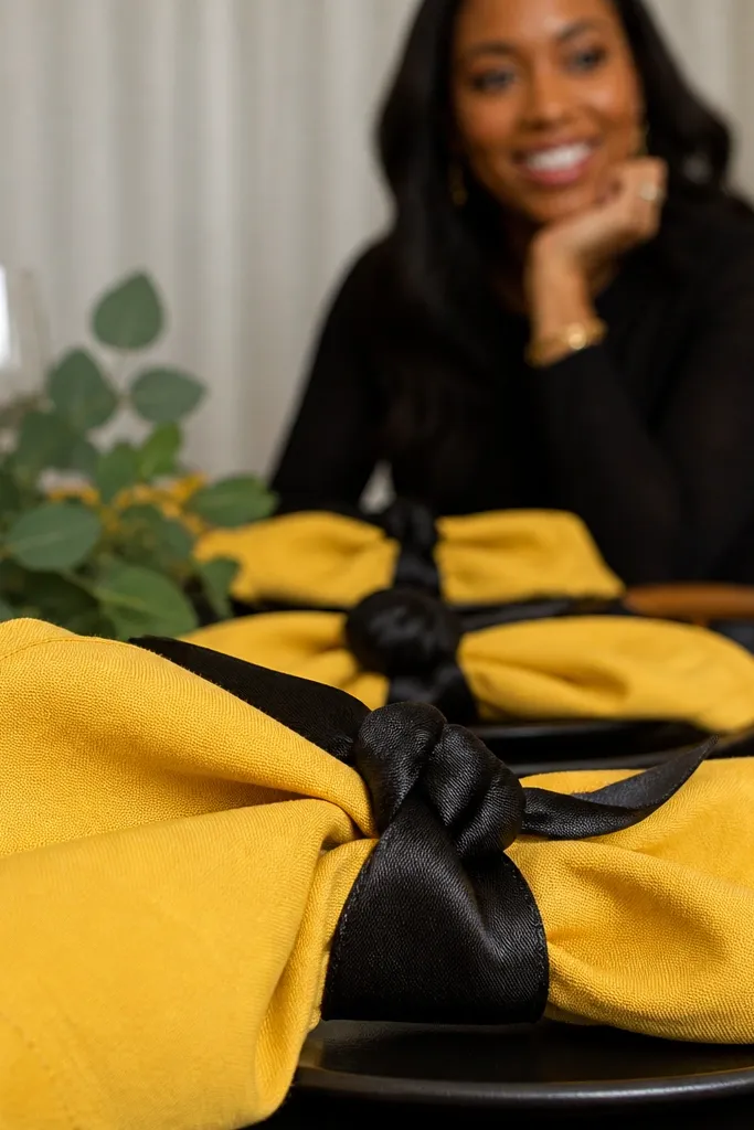 Yellow napkins with black bee-knot ribbon rings on dinner plates