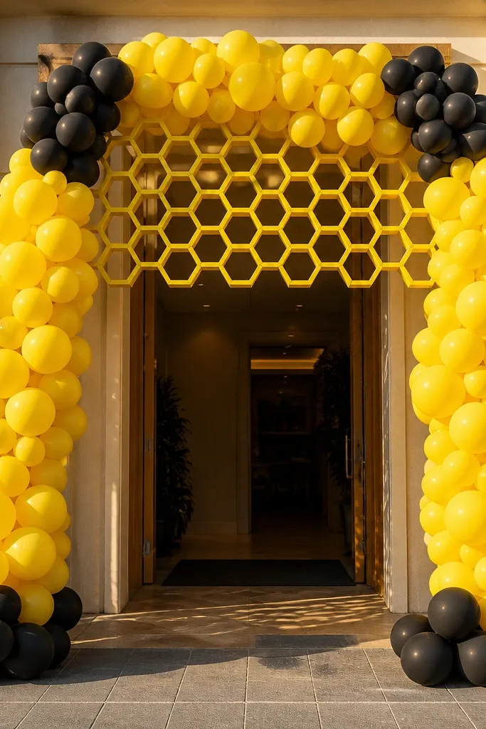 Balloon arch with yellow and black panels and a honeycomb center insert