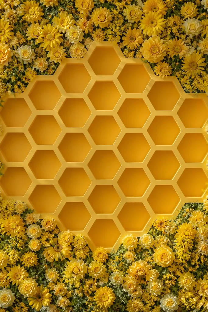 Wall of yellow flowers with a honeycomb cutout panel behind it