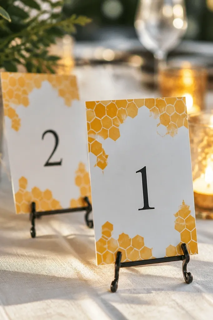 Honeycomb yellow table number cards on black easels
