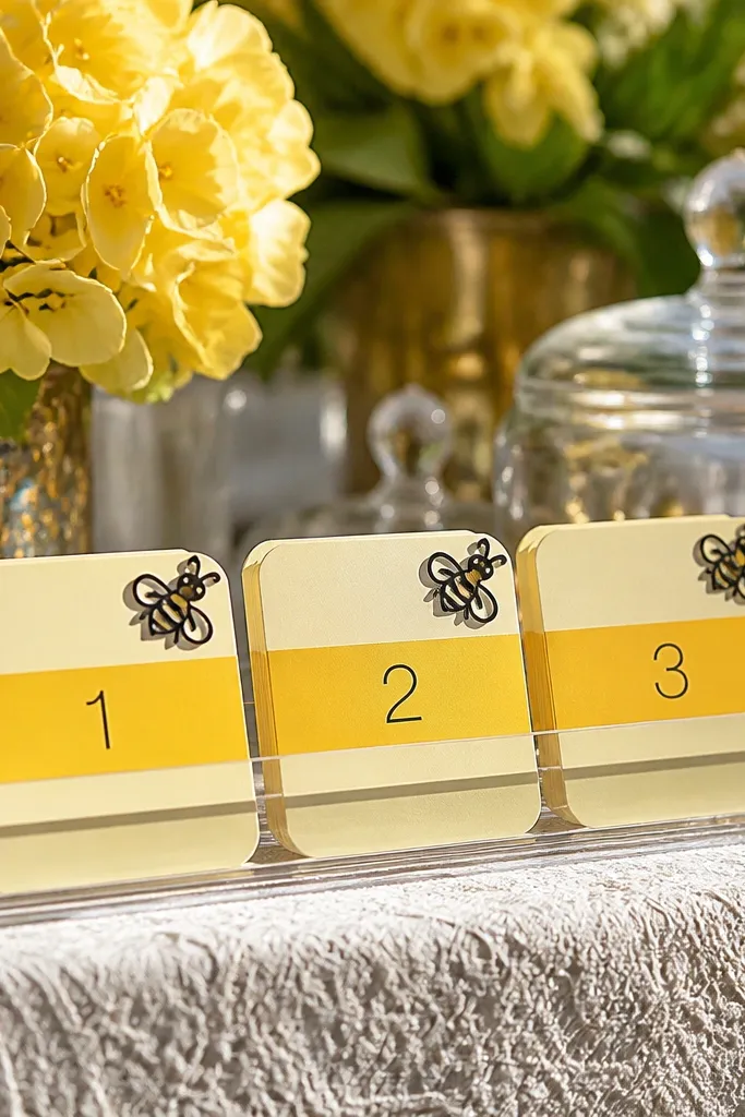 Yellow dessert labels with bee stickers on a dessert table