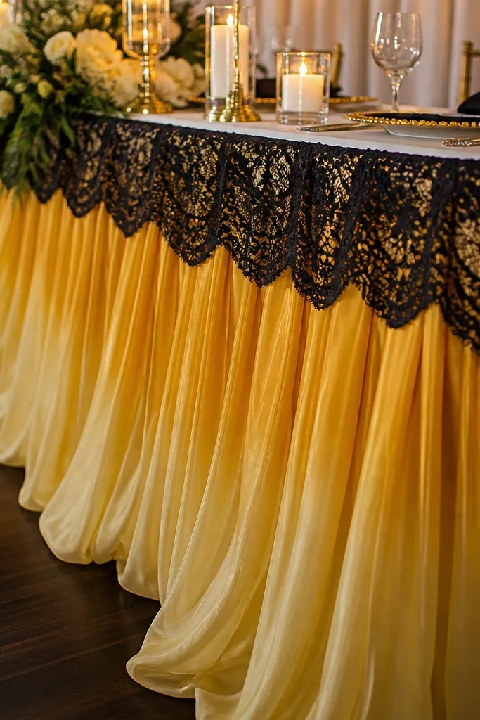 Mustard ombre table skirt with black lace trim at the edge