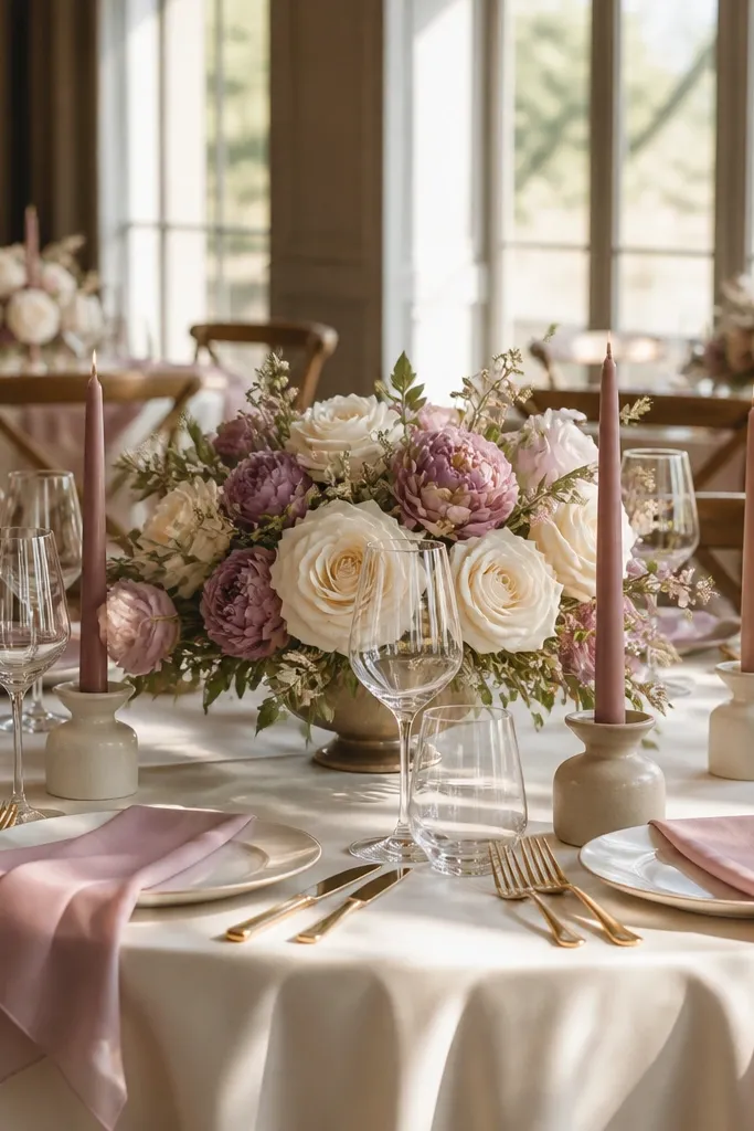 Ivory tablecloth with blush napkins, dusty mauve florals, and pale pink candles