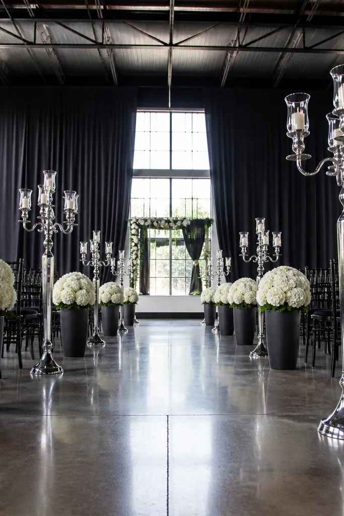 White table runner with charcoal chair accents, silver candles, and minimal gray florals