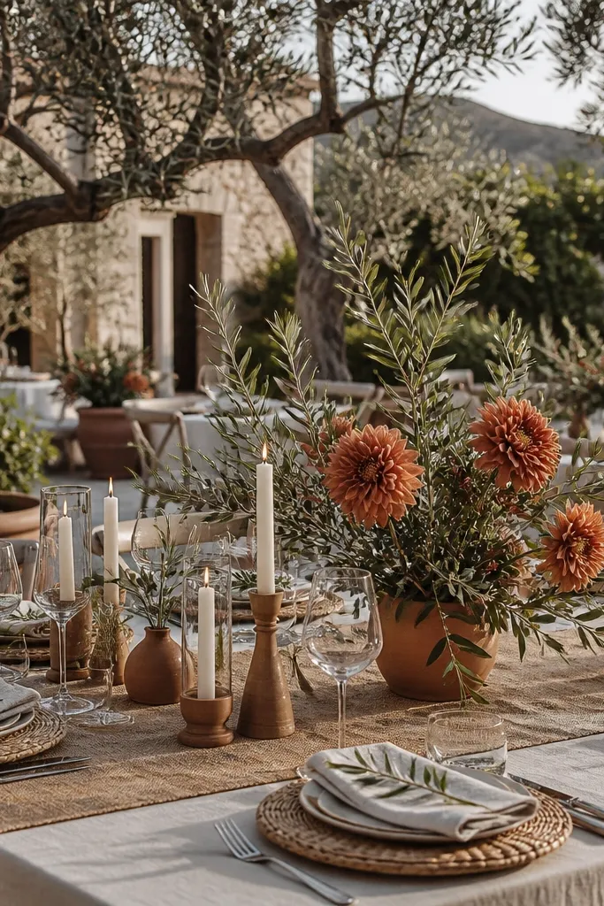 Cream table linens with terracotta centerpieces, olive greenery, and clay-toned candles