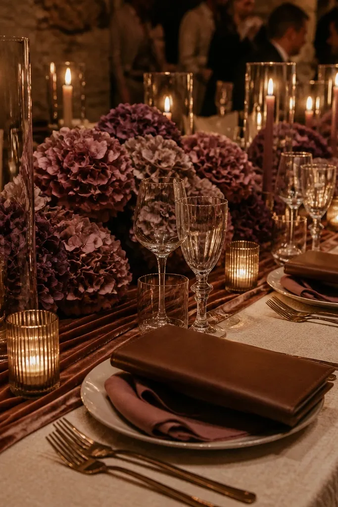 Cream linens with cocoa brown runners, mauve florals, and warm brown candles