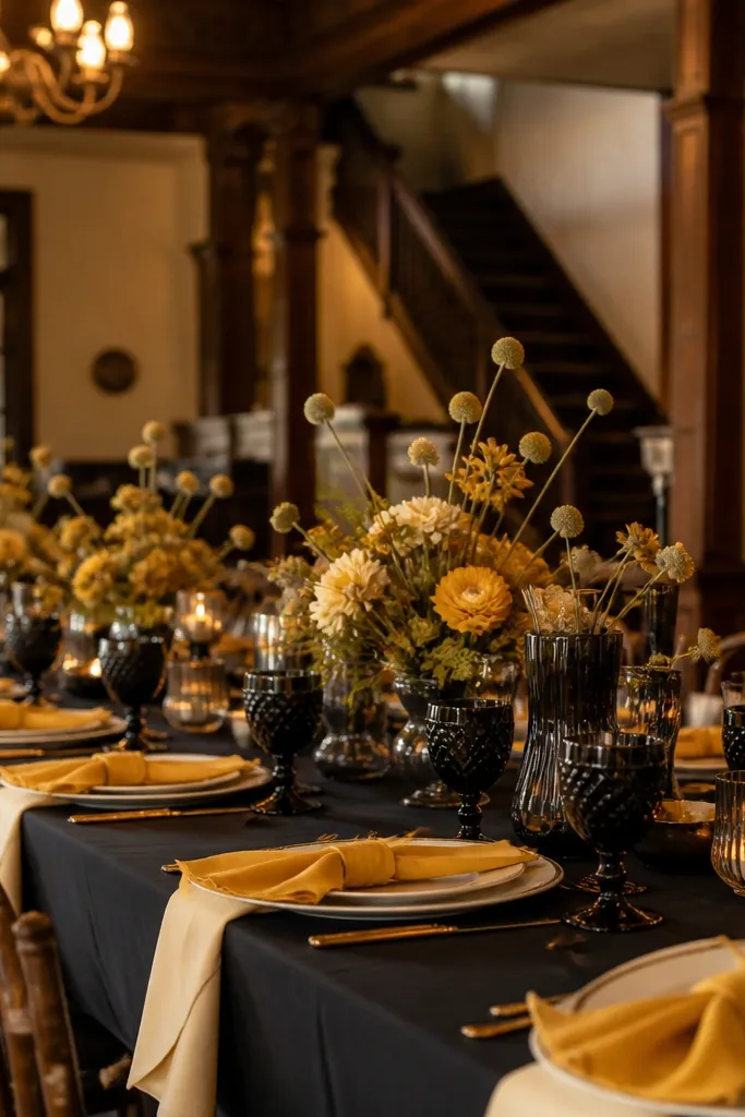 Cream tablecloth with mustard napkins, black menu cards, and yellow-gold centerpieces