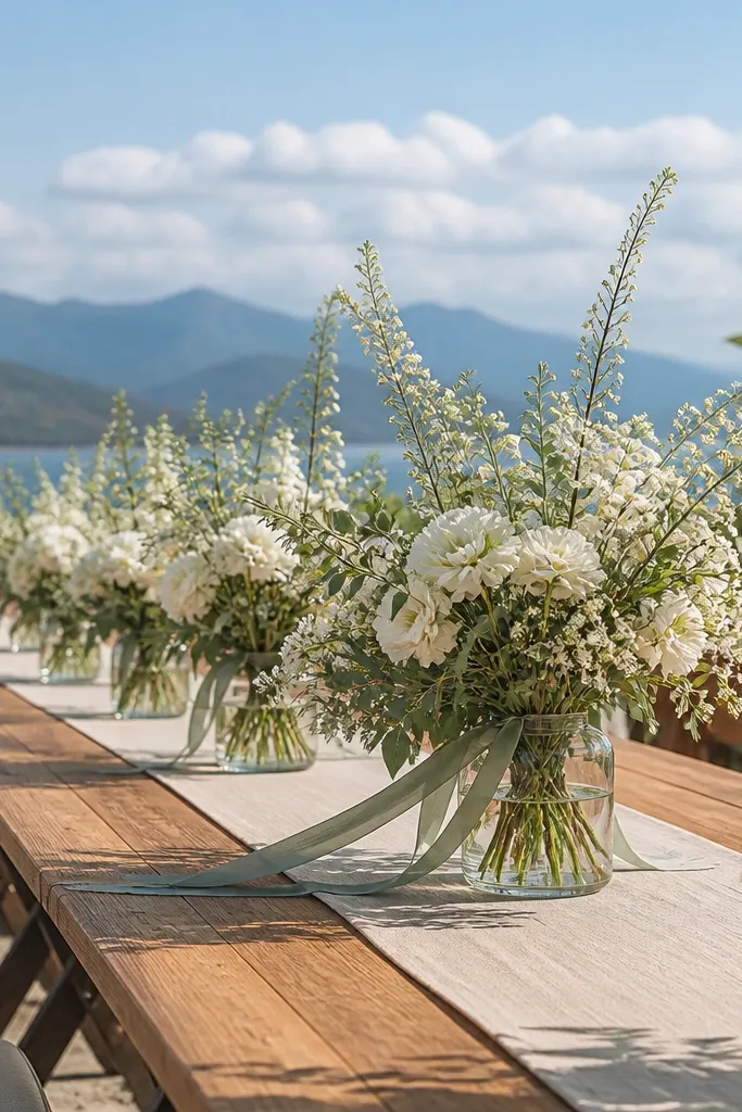 Natural linen table runner, sage greenery, and white wildflower bouquets