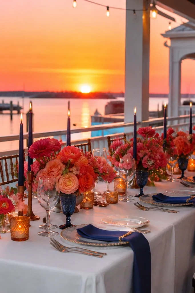White linens with navy table runners, coral florals, and navy ribbon on chairs