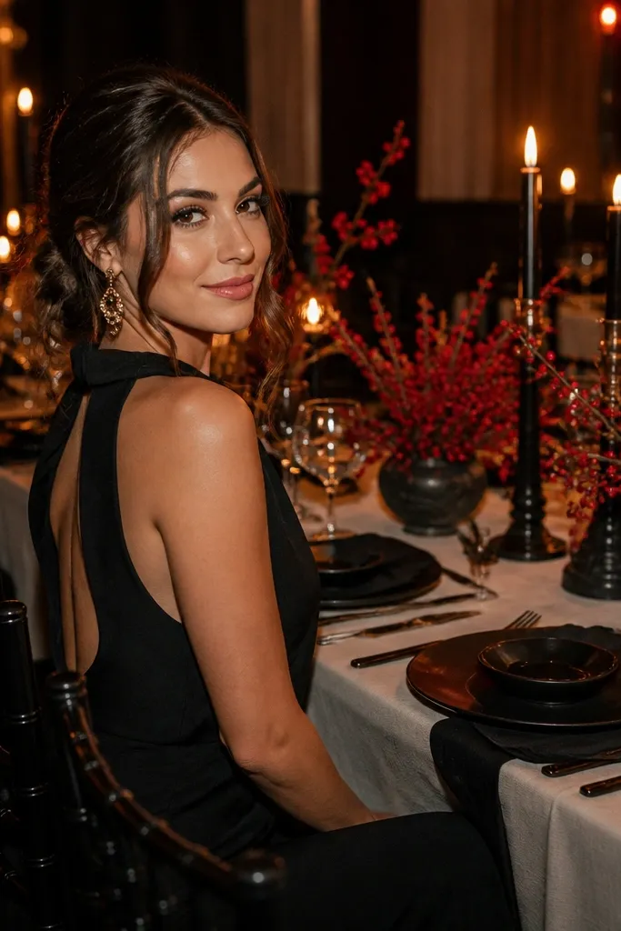 Cream tablecloth with black candles and red berry branches in centerpieces