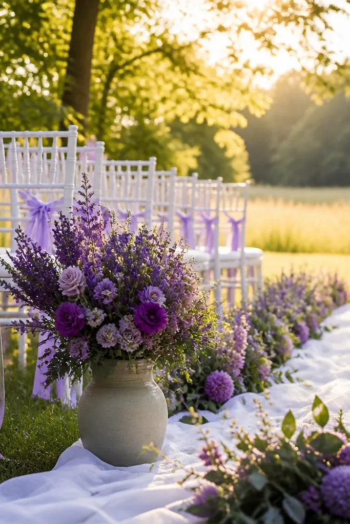 White table settings with lavender napkins and purple-lavender floral centerpieces