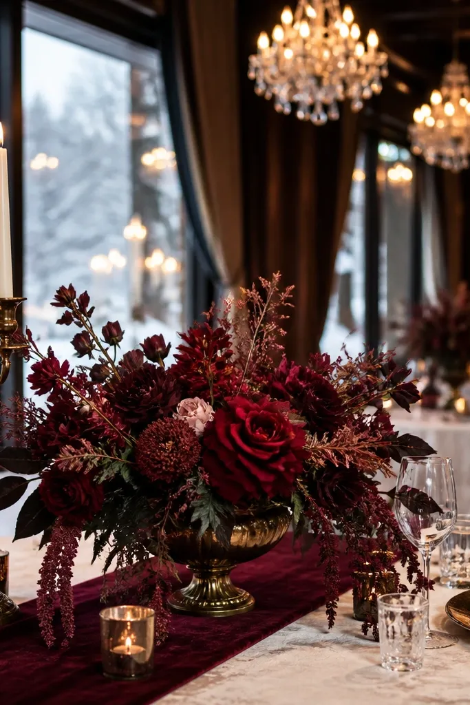 Ivory linens with burgundy napkins, antique brass candle holders, and burgundy florals