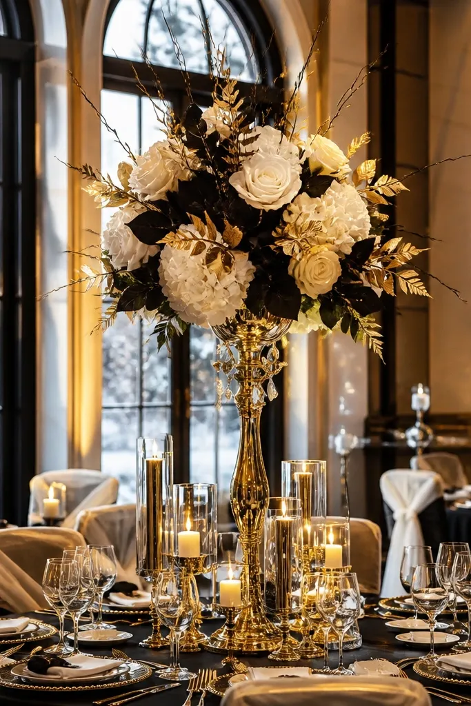 Ivory tablecloth with black napkins and gold candle holders and metallic accents