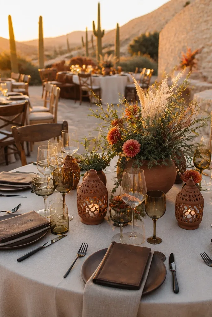 Desert tones wedding palette with warm orange accents and dark espresso details.