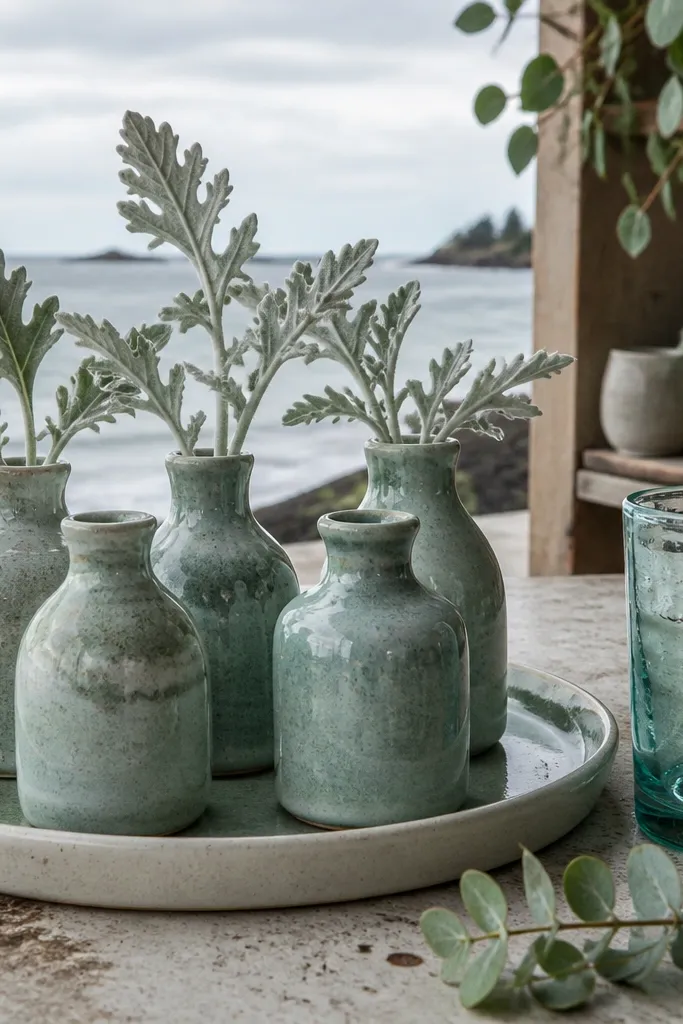 Sea-glass blue ceramics, white flowers, and driftwood centerpiece on a linen table
