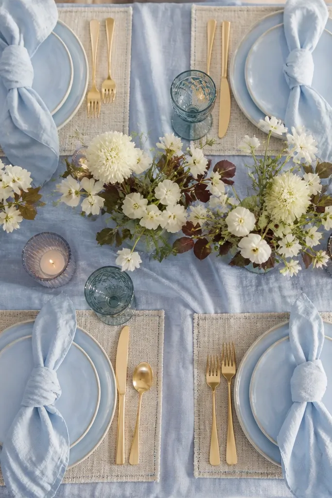 Powder blue table linens with white candles and wheat-colored florals