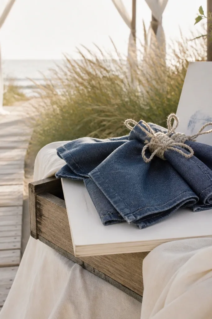 Indigo denim-like napkins with driftwood centerpieces and cream candles