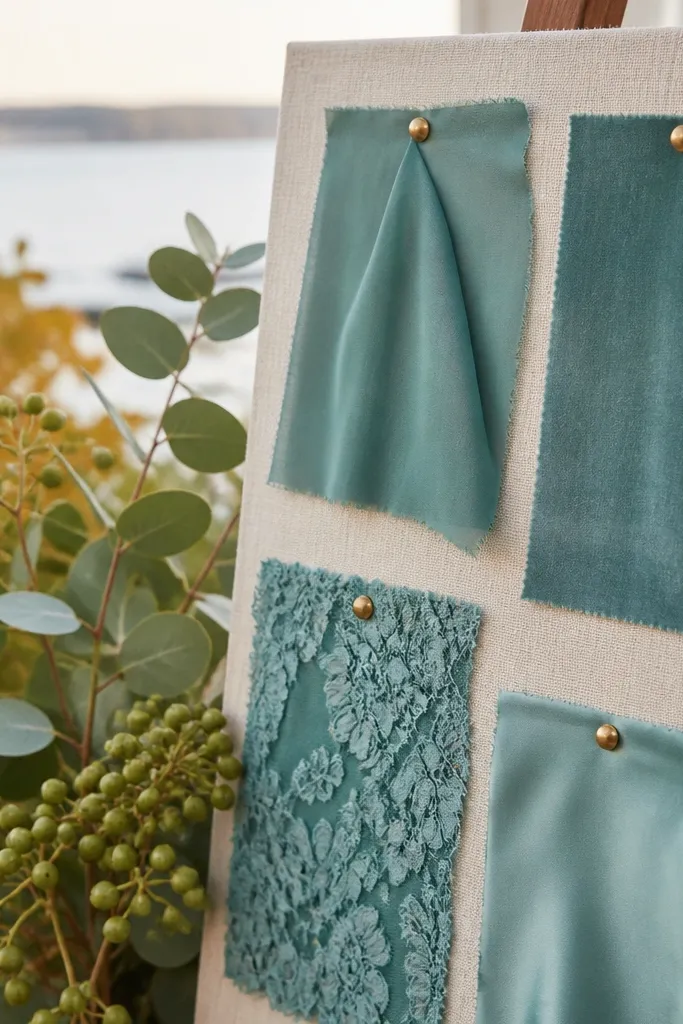 Teal mist bridesmaid dresses with eucalyptus garland and blush shells on tables