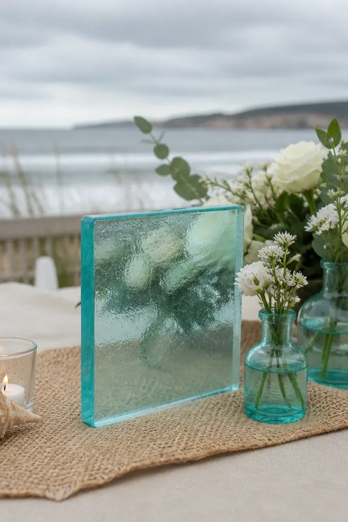 Turquoise accents on welcome signs with sandy tablecloth and white flowers